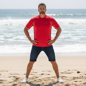 Lands’ End Men’s Red Floral Rash Guard Swim Shirt Size Large 42–44